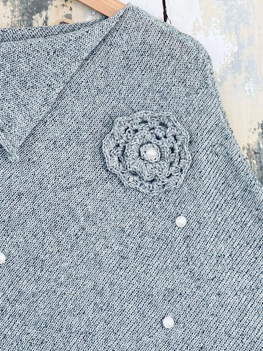 The Pearl: Classic Poncho with Pearl Embellishment and Crochet Flower Details