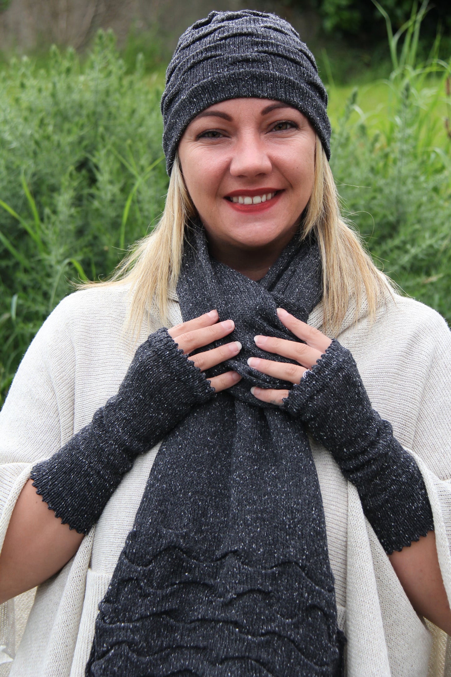 Tuck Trio Hat, Scarf and Glove Set (Volga 50/50 Yarn)