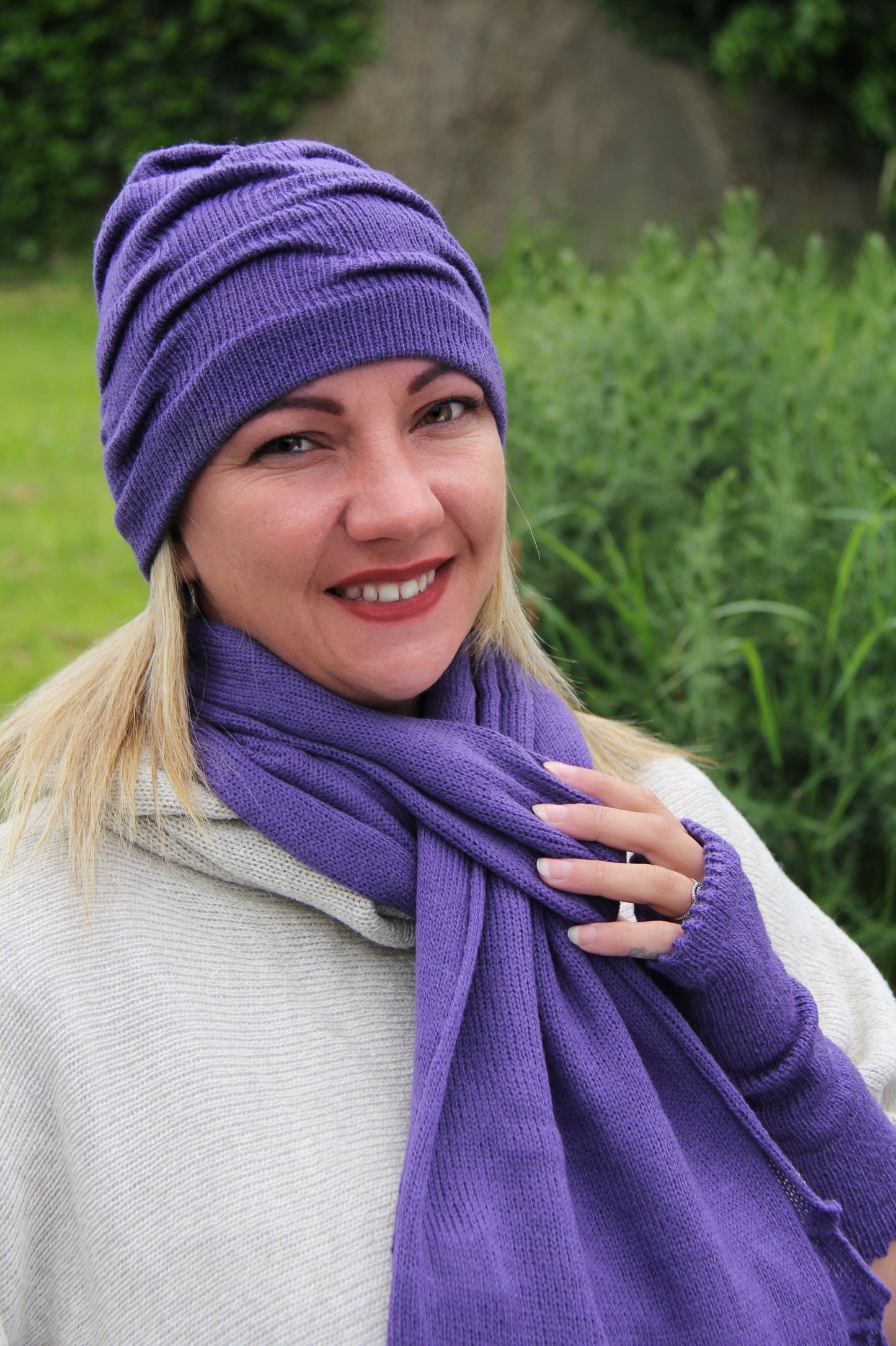 Tuck Trio Hat, Scarf and Glove Set (Volga 50/50 Yarn)