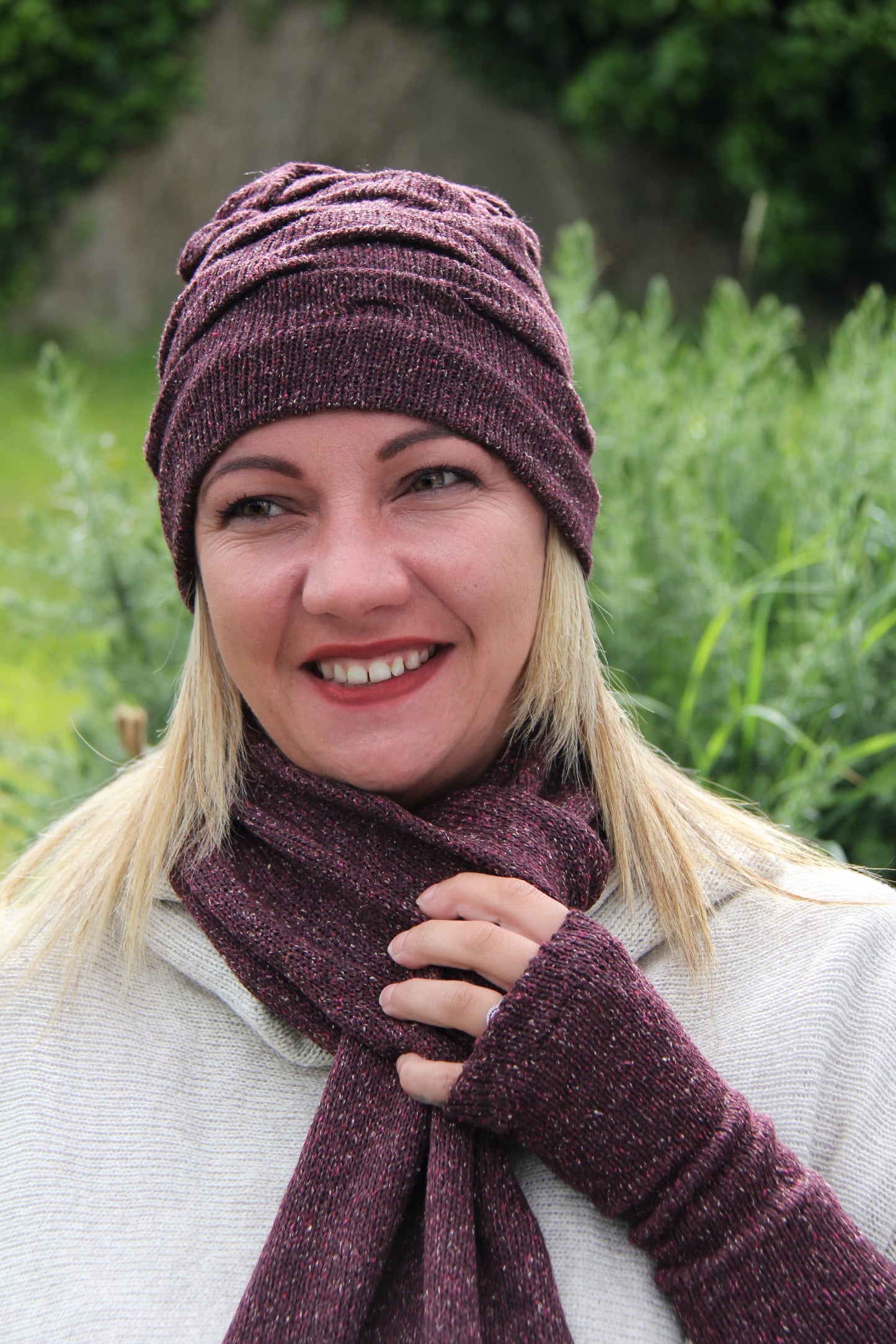 Tuck Trio Hat, Scarf and Glove Set (Tibet Tweed Yarn)