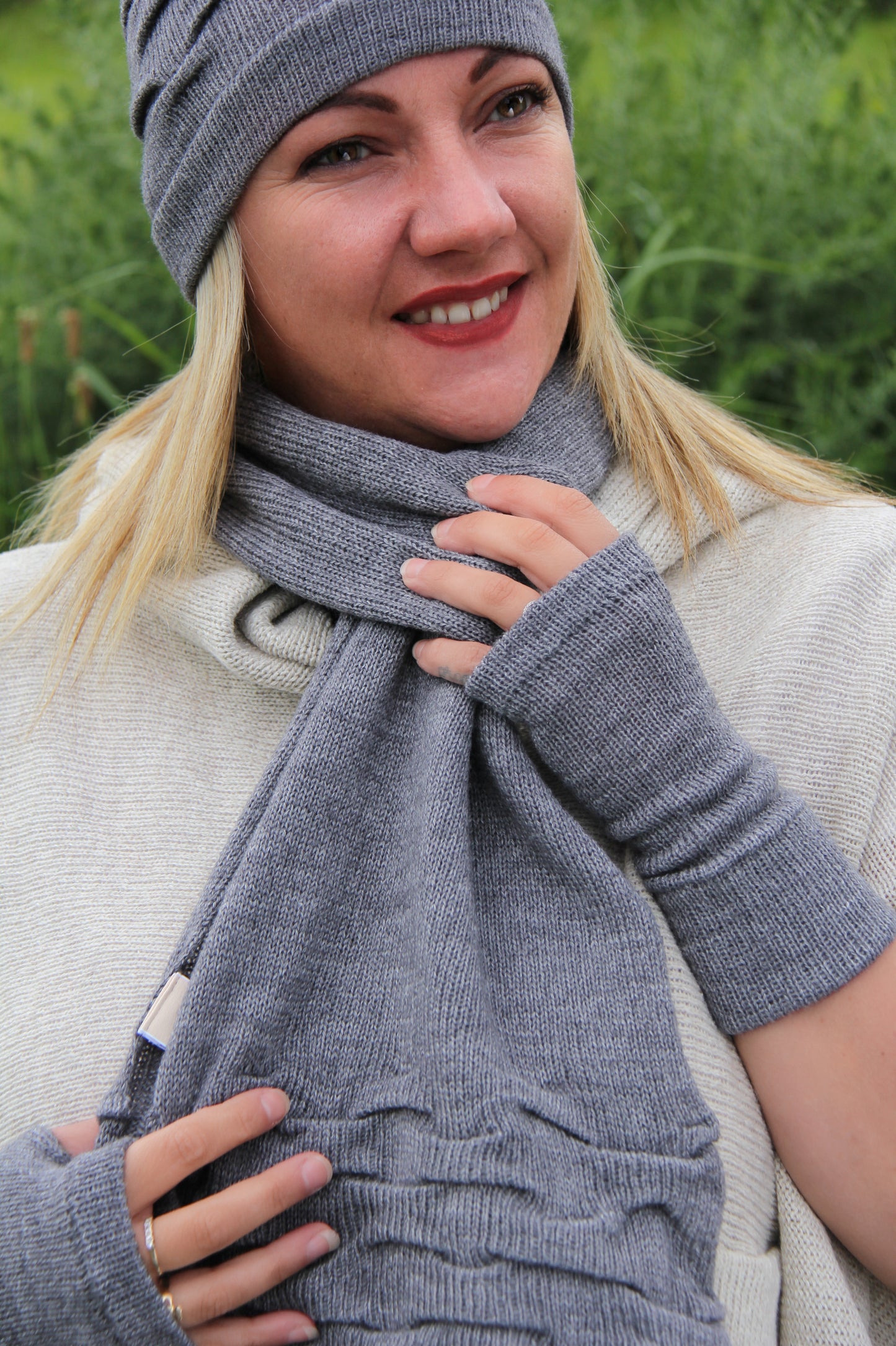 Tuck Trio Hat, Scarf and Glove Set (Volga 50/50 Yarn)
