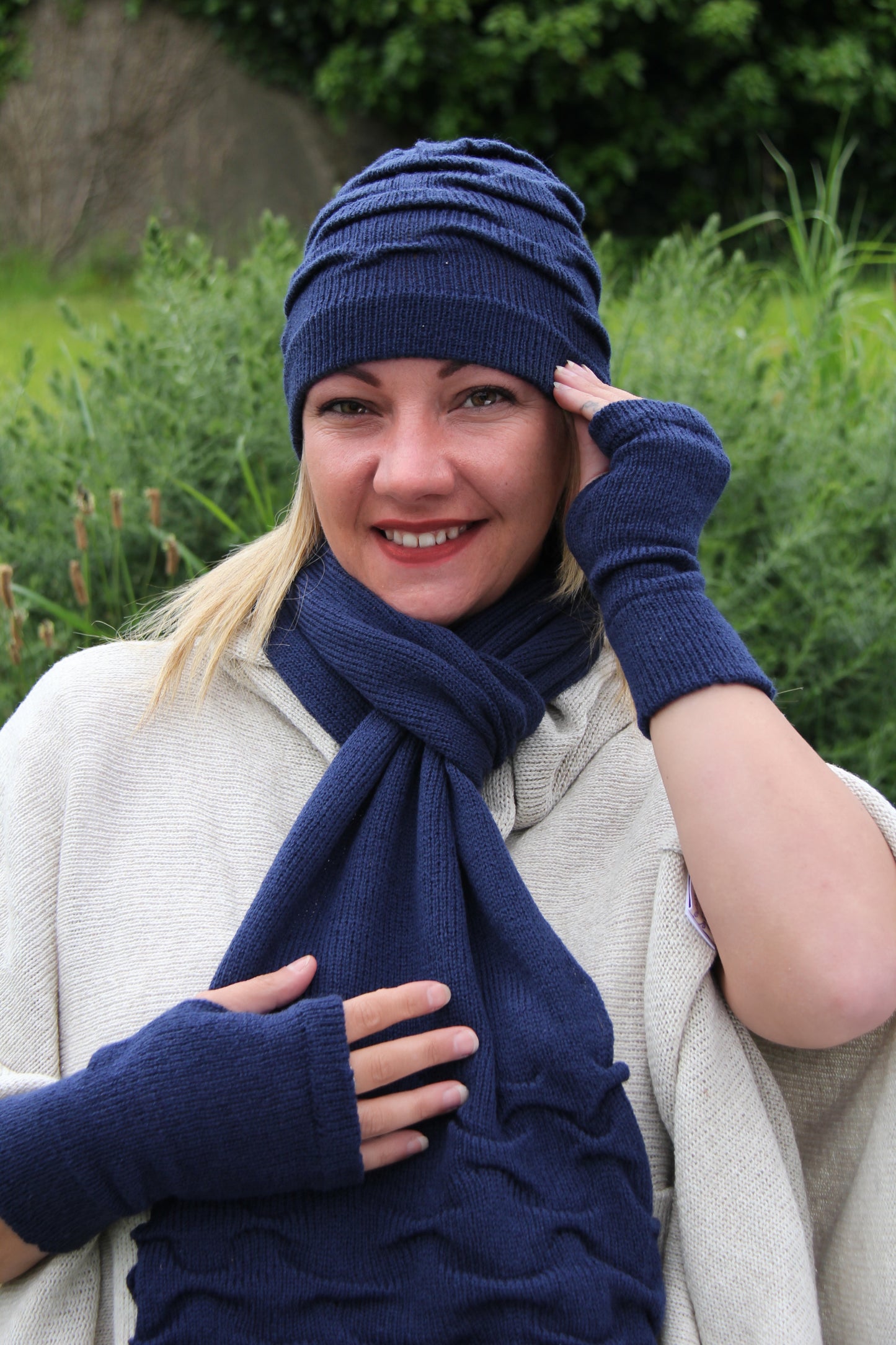 Tuck Trio Hat, Scarf and Glove Set (Volga 50/50 Yarn)