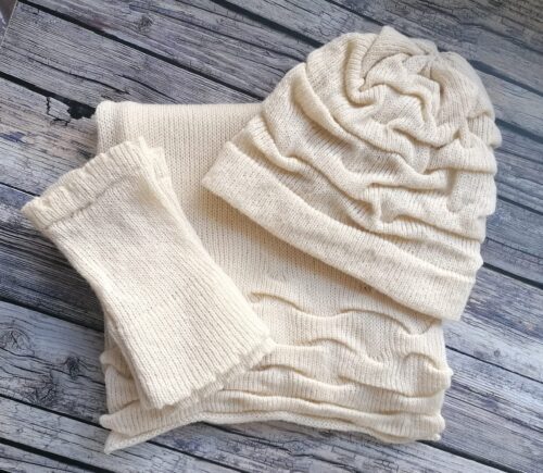 Tuck Trio Hat, Scarf and Glove Set (Volga 50/50 Yarn)