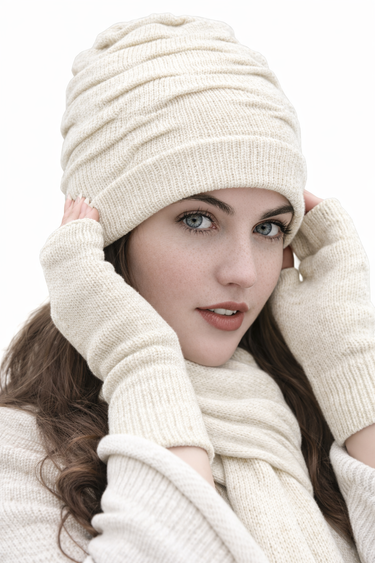 Trio: Ruffle Hat, Scarf and Glove Set - Tibet Tweed - Seasons of Wicklow Collection