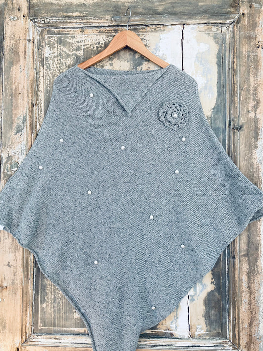 The Pearl: Classic Poncho with Pearl Embellishment and Crochet Flower Deatils