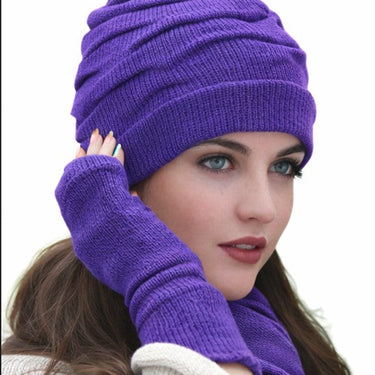 Trio: Ruffle Hat, Scarf and Fingerless Glove Set - Volga Wool Mix - Seasons of Wicklow Collection